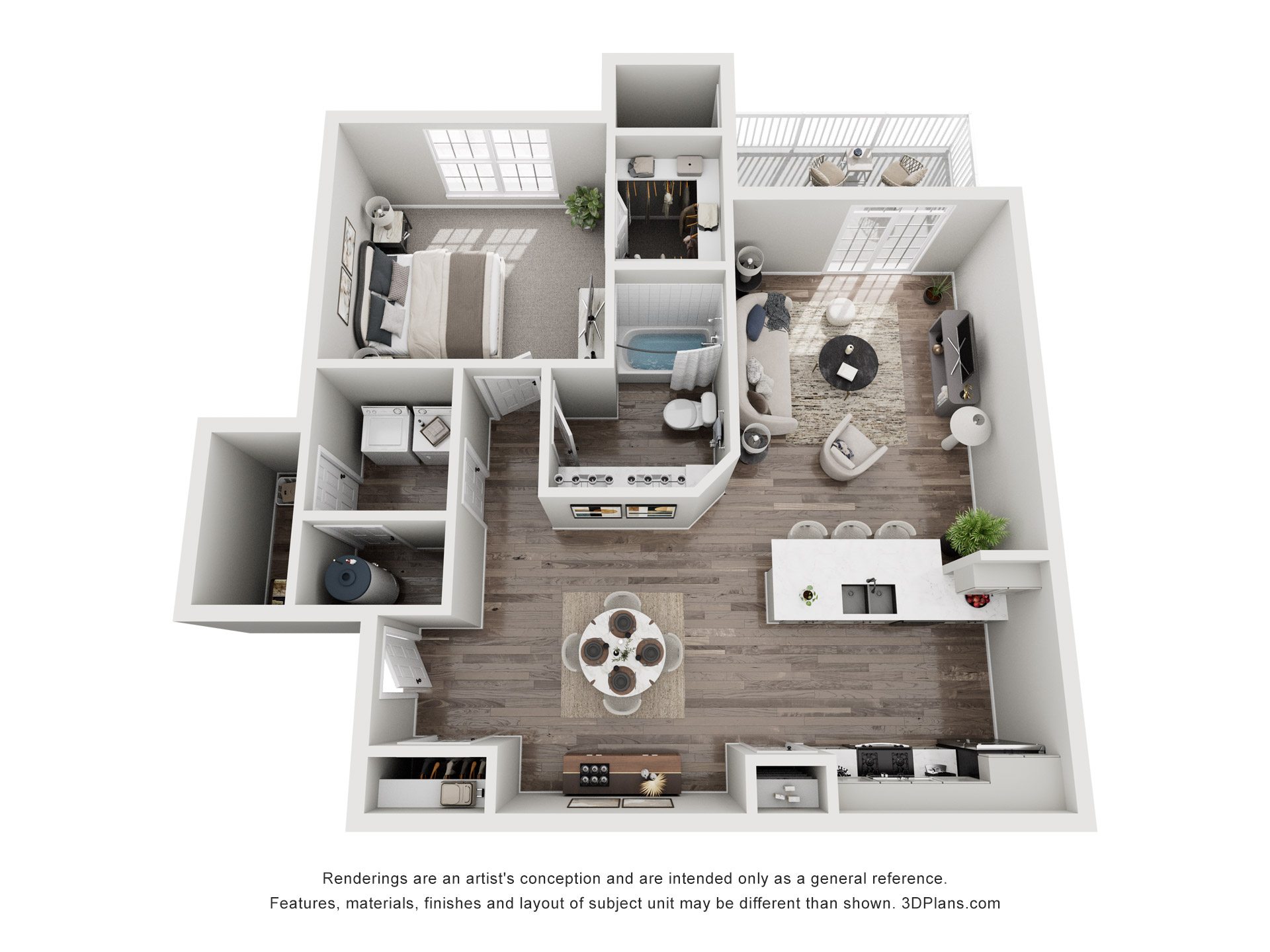 Floor plan for 1 bed, 1 bath, 885 sqft